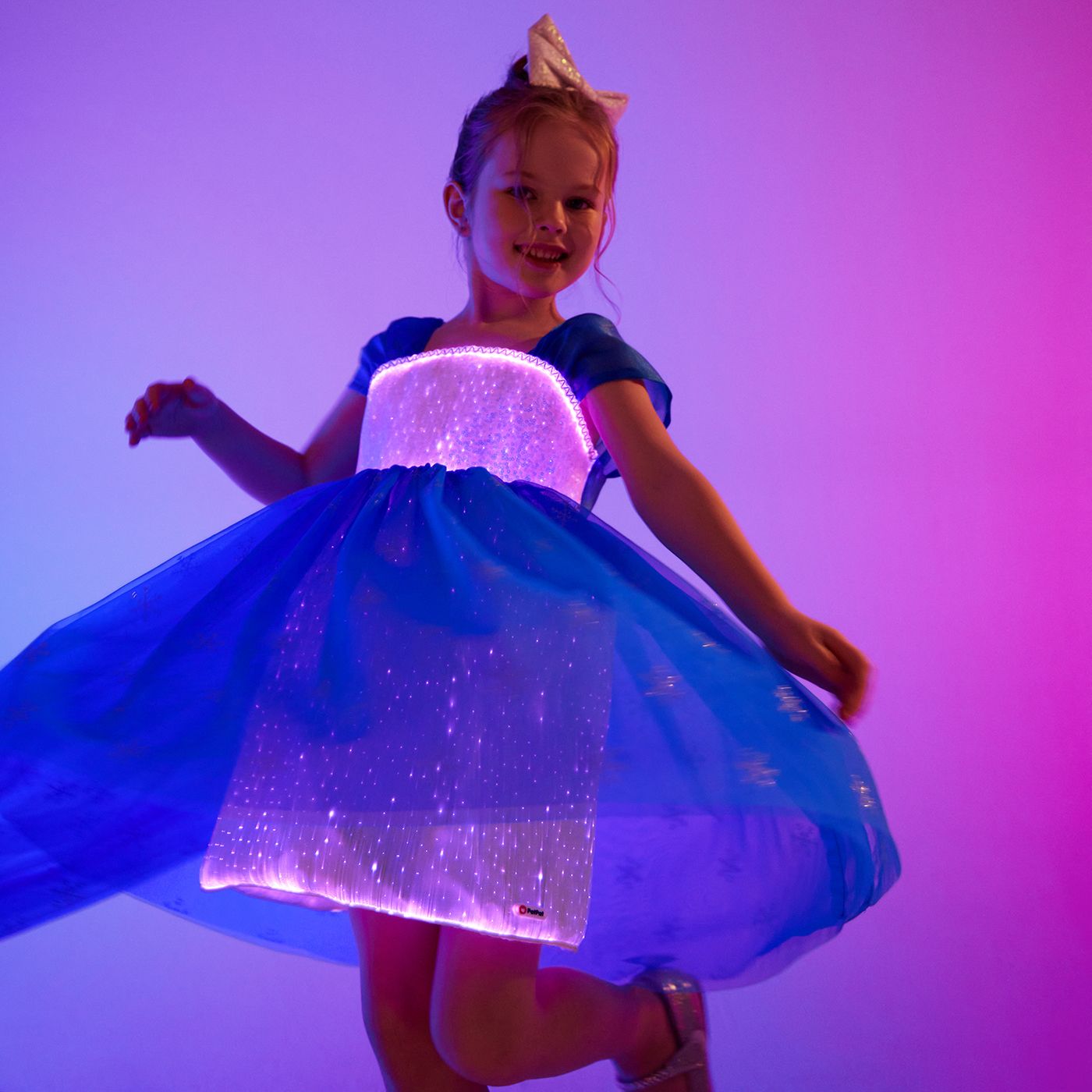 Go-Glow Light Up Blue Party Dress with Sequined Snowflake Glitter and Removable Cape Including Contr