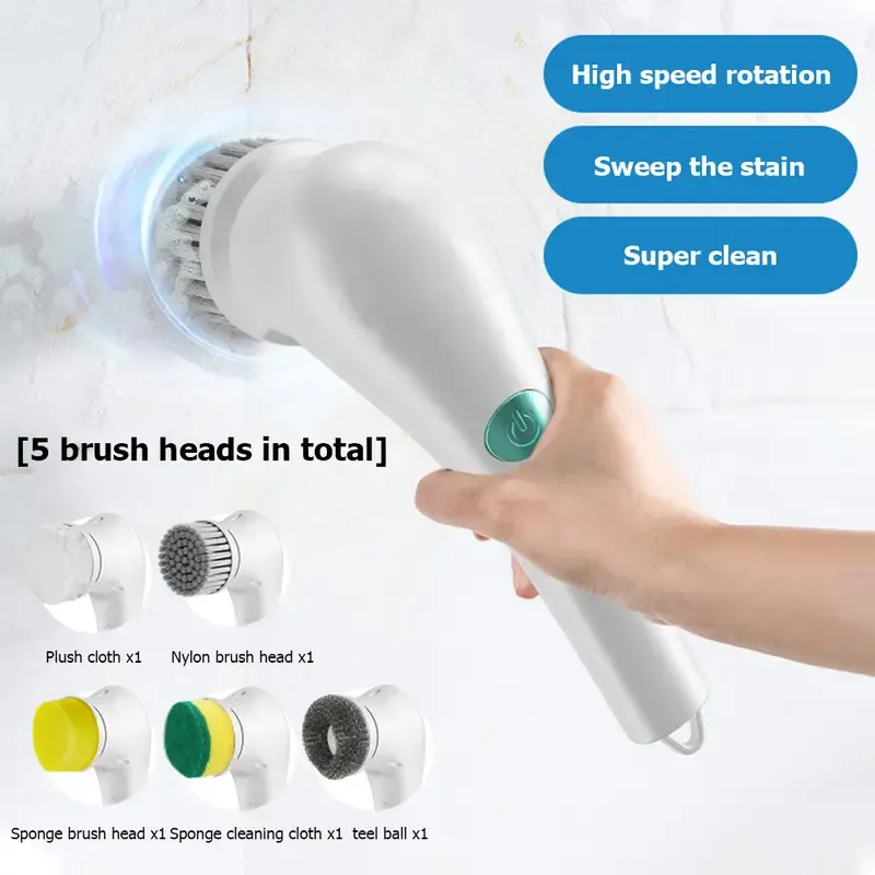 Electric Spin Scrubber Cordless Power Scrubber Cleaning Brush with 5 Replaceable Brush Heads White big image 1