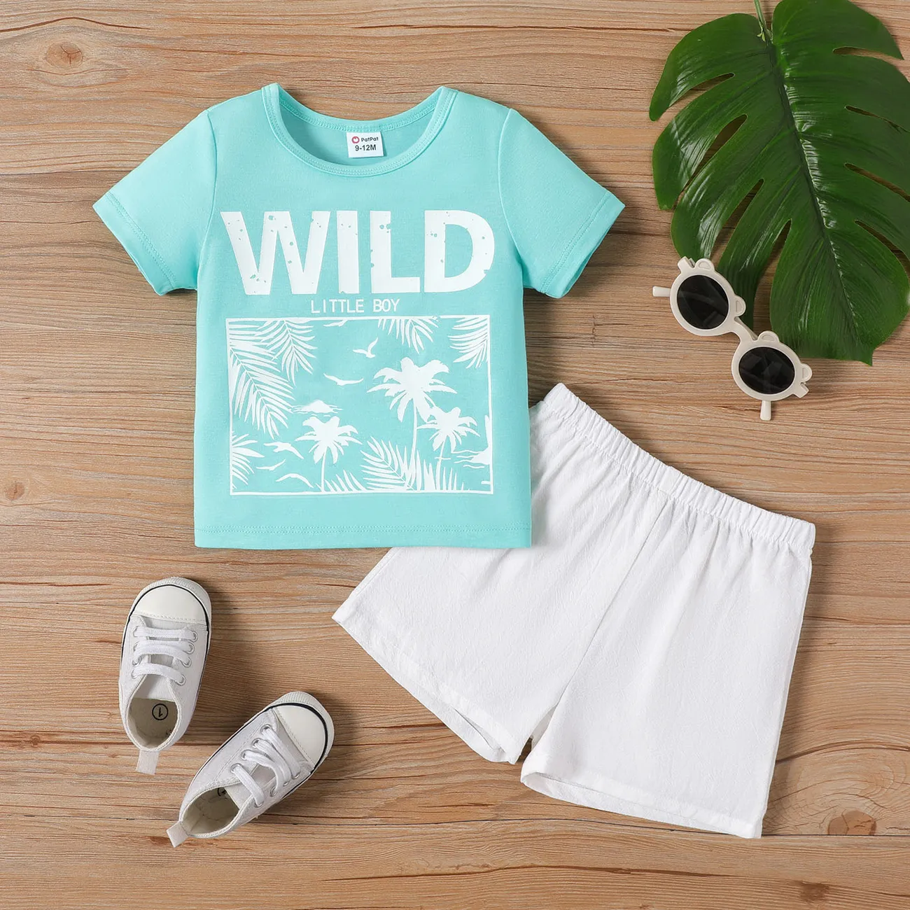 2pcs Baby Boy Letter & Plant Print Short-sleeve Tee and 100% Cotton Solid Shorts Set Turquoise big image 1