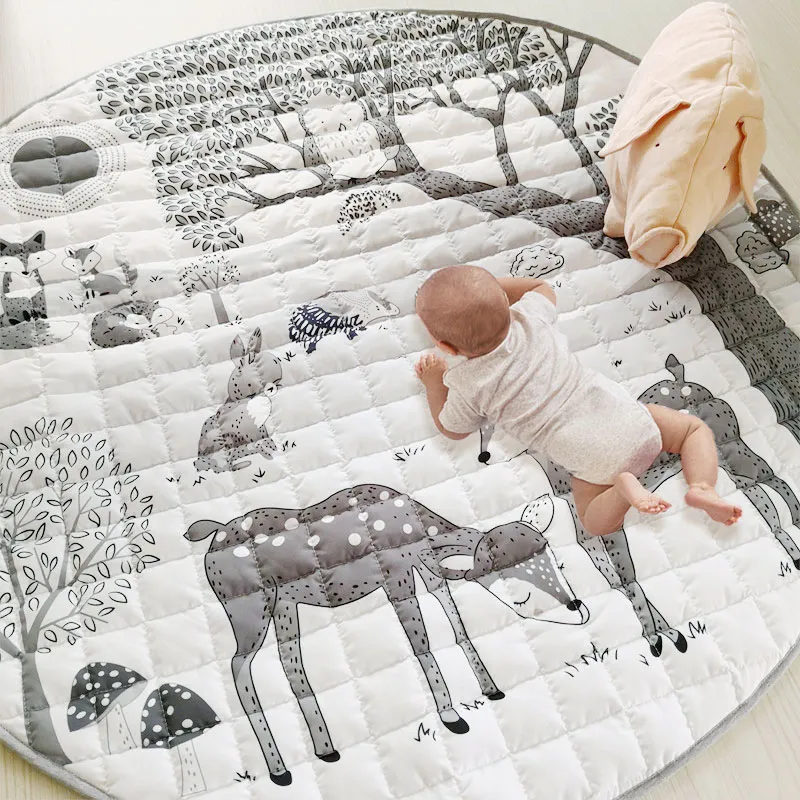 Cartoon Forest Deer Animal Baby Play Mats Newborn Infant Crawling Blanket Cotton Round Floor Carpet Grey big image 1
