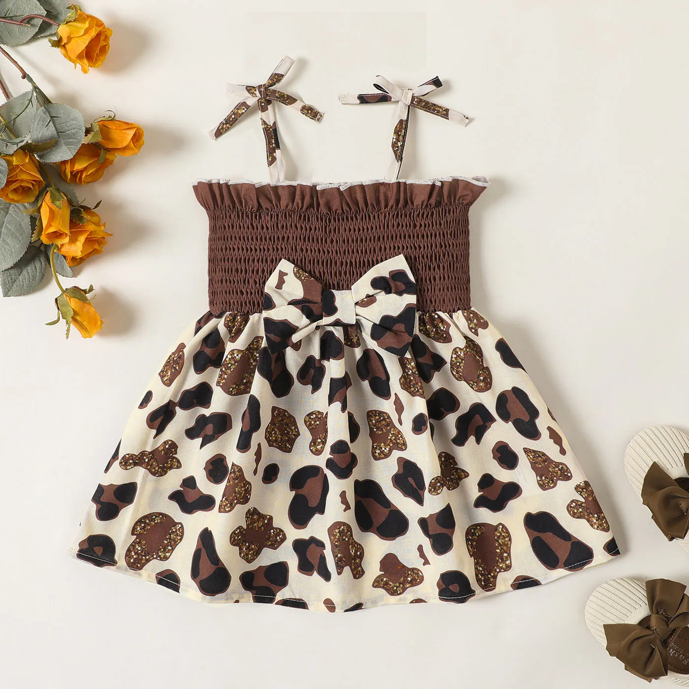 Baby Girl Leopard Print Bow Front Smocked Combo Slip Dress Brown big image 1