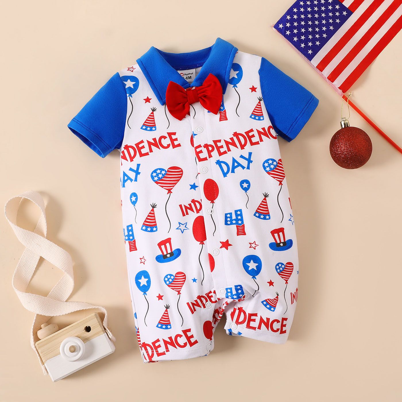 Independence Day Baby Boy Bow Tie Decor Contrast Collar Short-sleeve Allover Print Romper