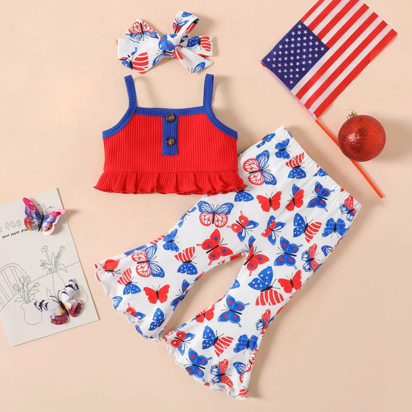 Independence Day 3pcs Baby Girl Cotton Ribbed Camisole And Animal Butterfly Print Flared Pants & Headband Set