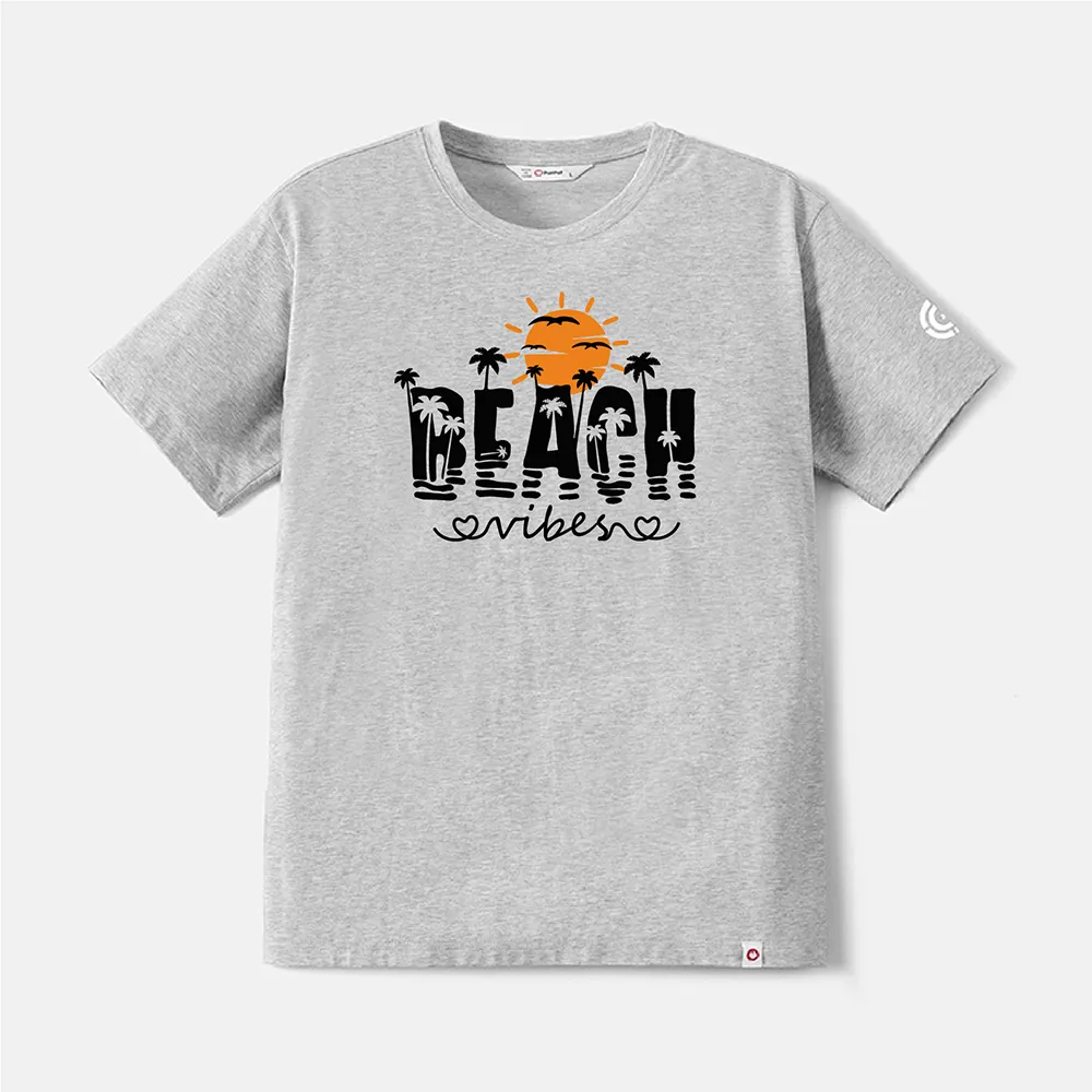 Go-Neat Water Repellent and Stain Resistant Family Matching Beach & Letter Print Short-sleeve Tee Light Grey big image 1