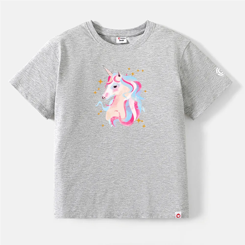 Go-Neat Water Repellent and Stain Resistant Mommy and Me Unicorn Print Short-sleeve Tee Light Grey big image 1