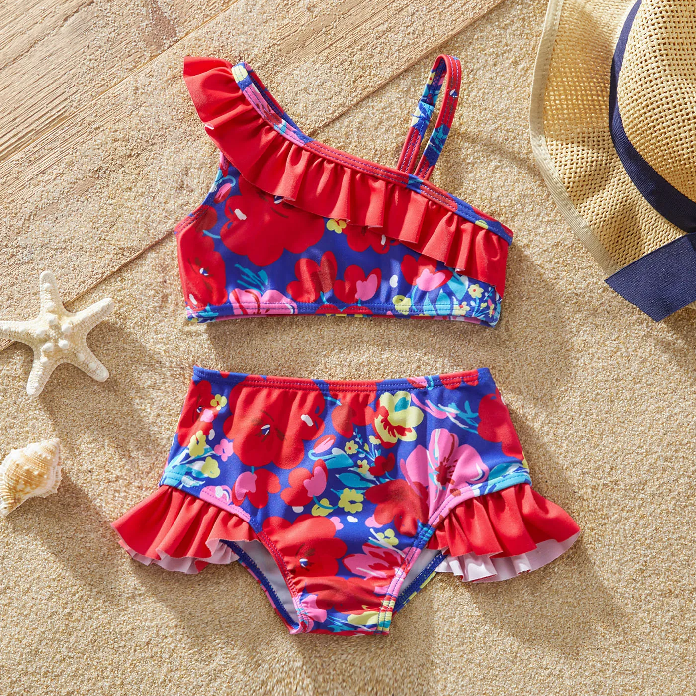 2pcs Baby Girl Floral Print Ruffled Two-piece Swimsuit