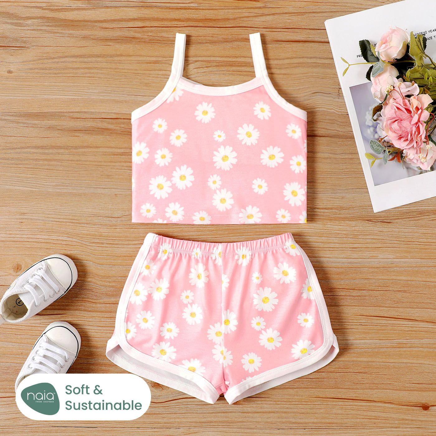 

2pcs Baby Girl Floral Print Naia™ Camisole and Elasticized Shorts Set