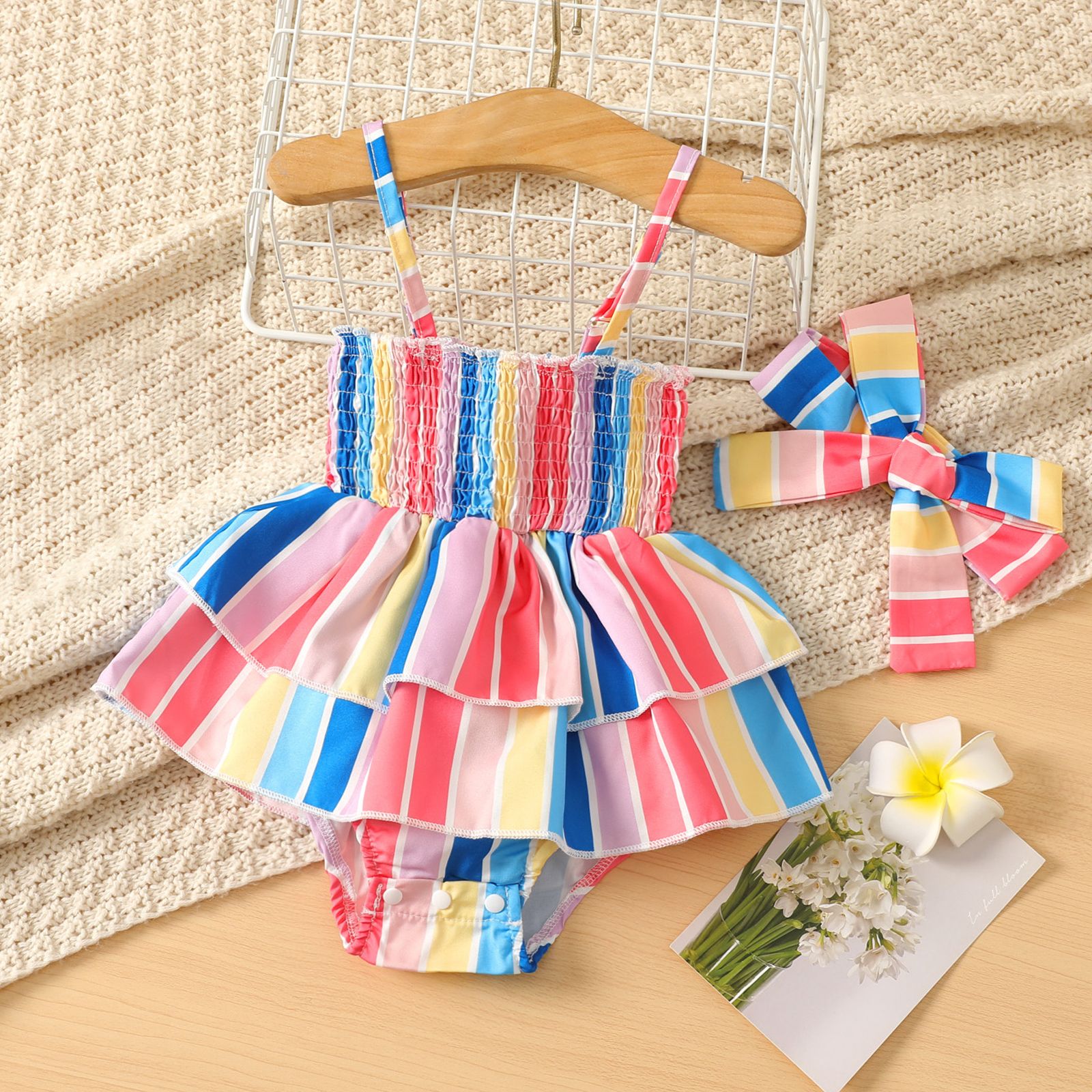 2pcs Baby Girl Colorful Stripe Print Smocked Cami Romper and Headband Set