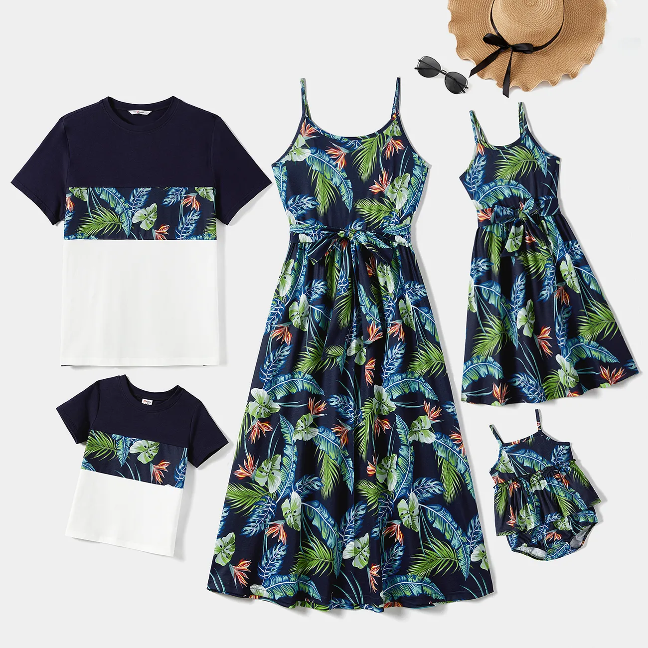 Family Matching All Over Floral Print Round Neck Spaghetti Strap  Dresses and Splicing Short-sleeve T-shirts Sets royalblue big image 1