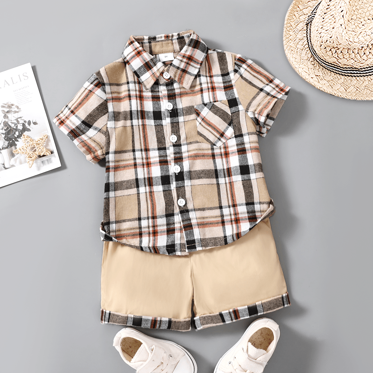 

2pcs Kid Boy Plaid Print Patch Pocket Short-sleeve Shirt and Roll Hem Shorts Set