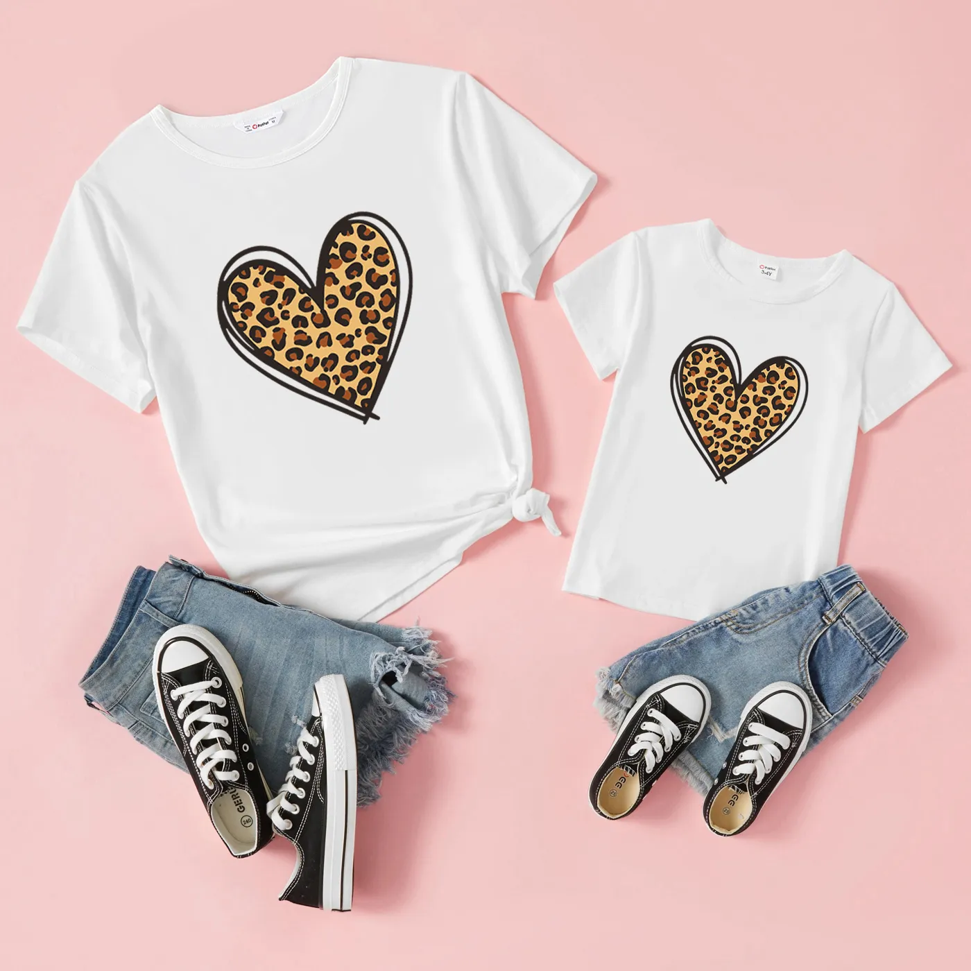 Mommy And Me Leopard Heart Print Coton Tee à Manches Courtes