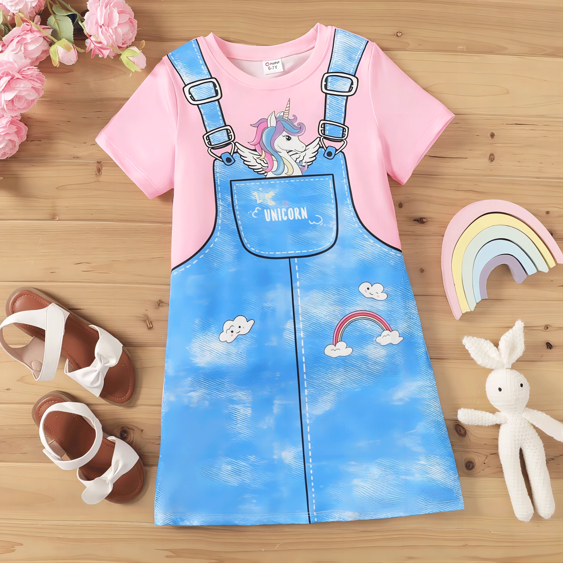 

Kid Girl Unicorn Rainbow & Overalls Print Short-sleeve Dress