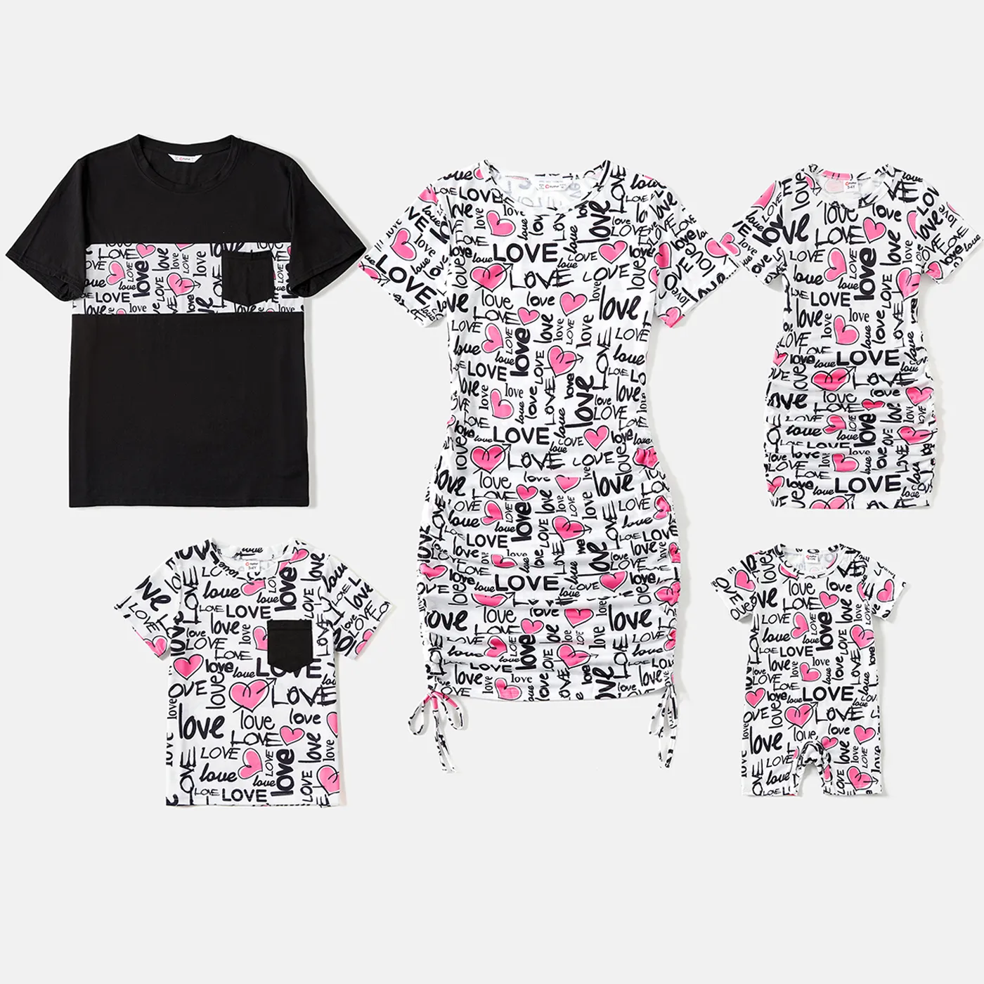 

Family Matching Allover Heart & Letter Print Drawstring Ruched Bodycon Dresses and Short-sleeve T-shirts Sets