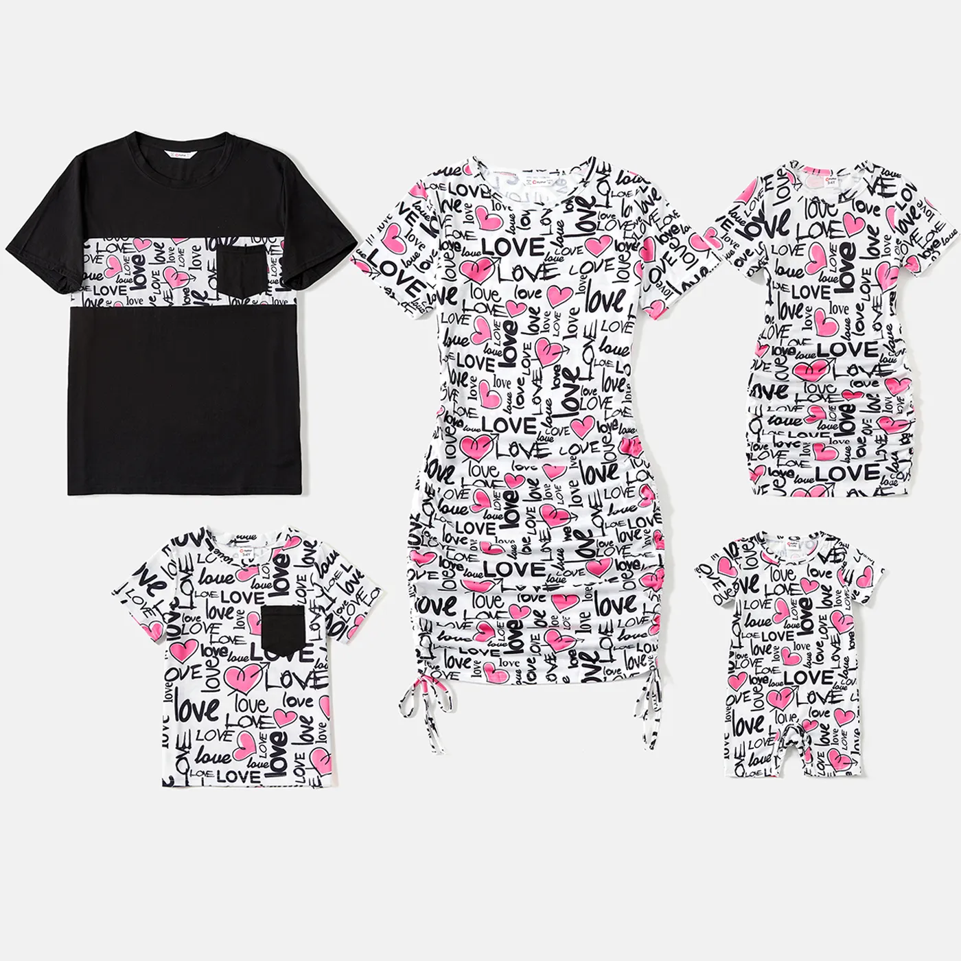 Valentine's Day Family Matching Allover Heart & Letter Print Drawstring Ruched Bodycon Dresses and Short-sleeve T-shirts Sets  image 2