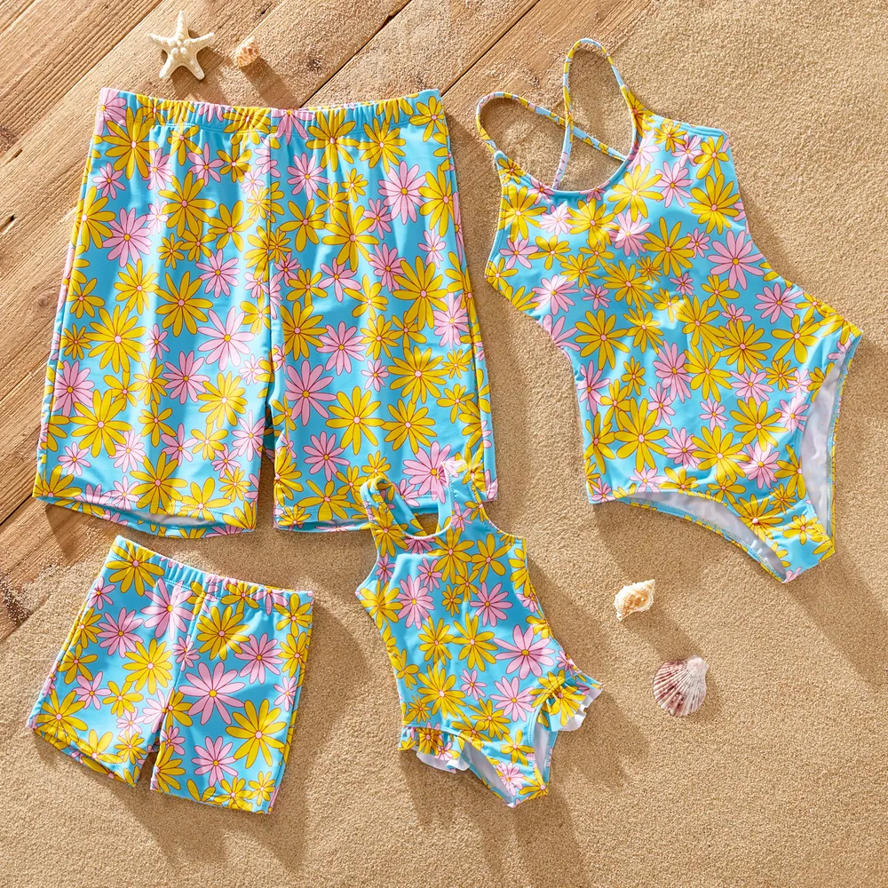Family Matching Allover Daisy Floral Print One-piece Swimsuit or Swim Trunks Shorts  big image 2