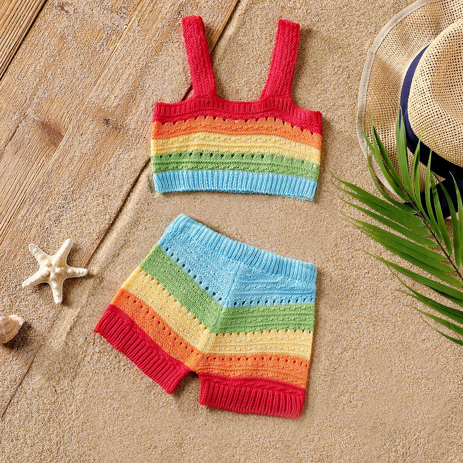 

2pcs Baby Girl Colorful Stripe Hollow Out Knit Camisole and Shorts Set