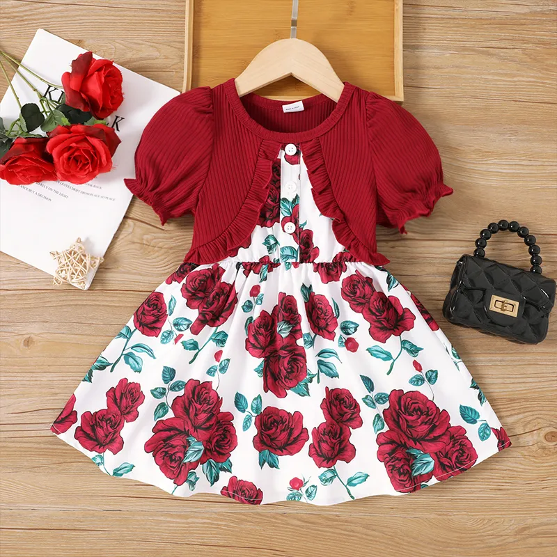 Toddler Girl Rose Print Short-sleeve Ruffled Rib-knit Panel Dress Burgundy big image 1