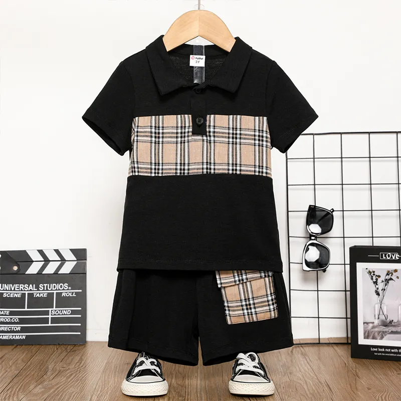 2pcs Toddler Boy Plaid Panel Short-sleeve Polo Neck Tee and Shorts Set big image 1