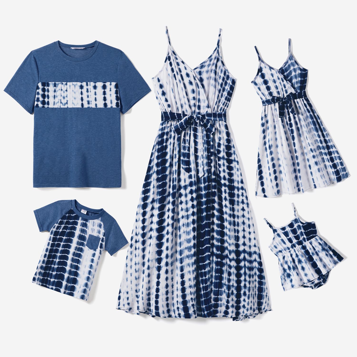 Family Matching Tie Dye V Neck Belted Cami Dresses And Short-sleeve Spliced T-shirts Sets