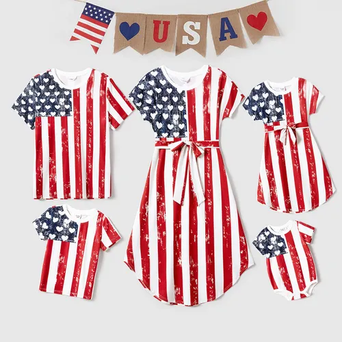 Independence Day Family Matching Naia™ Stars Stripe Print Belted Short-sleeve Dresses and T-shirts Sets