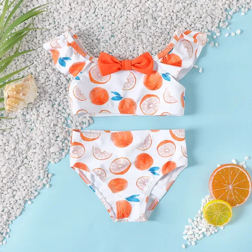 Baby Girl Lemon Orange Print Bow Front Two-piece Swimsuit