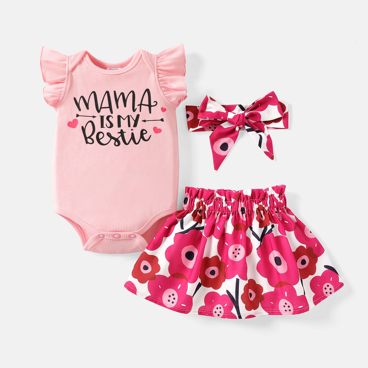 

3pcs Baby Girl Letter Print Flutter-sleeve Bodysuit & Floral Print Skirt & Headband Set