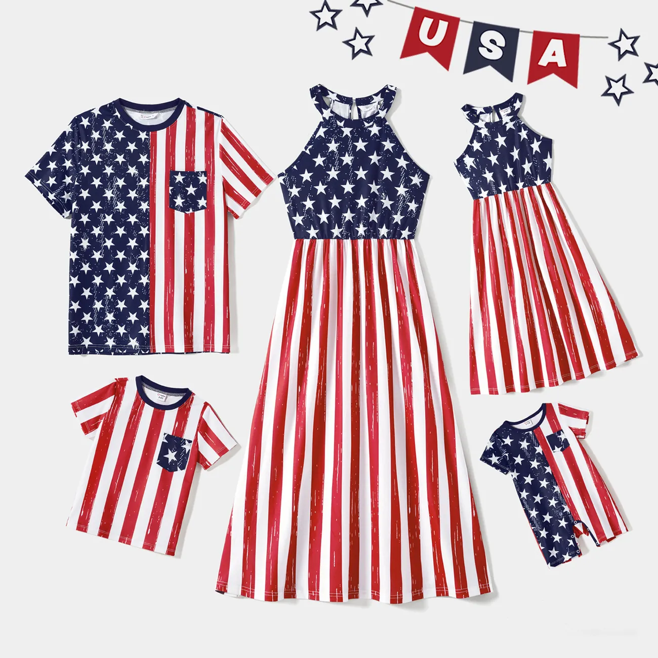 Independence Day Family Matching Stars & Striped Print Spliced Halter Neck Sleeveless Dresses and T-shirts Sets MultiColour big image 1