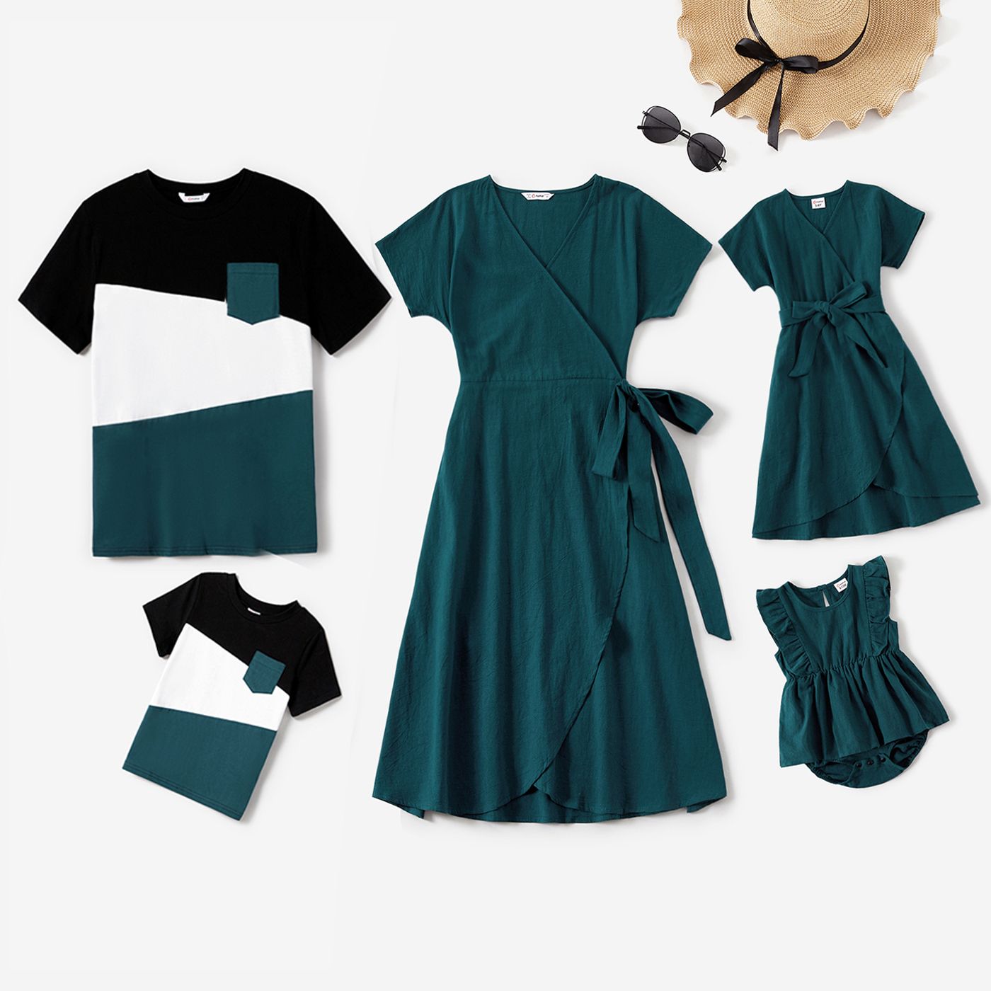 100% Cotton Family Matching Short-sleeve Belted Wrap Dresses And Color Block T-shirts Sets