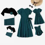 100% Cotton Family Matching Short-sleeve Belted Wrap Dresses and Color Block T-shirts Sets DarkGreen image 2
