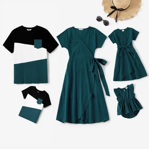 100% Cotton Family Matching Short-sleeve Belted Wrap Dresses and Color Block T-shirts Sets