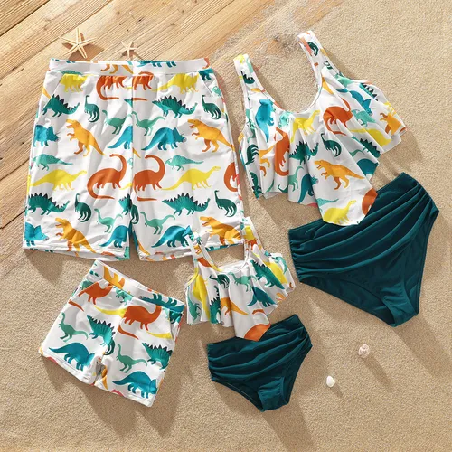 Family Matching Allover Dinosaur Print Swim Trunks and Ruffle Trim Two-piece Swimsuit