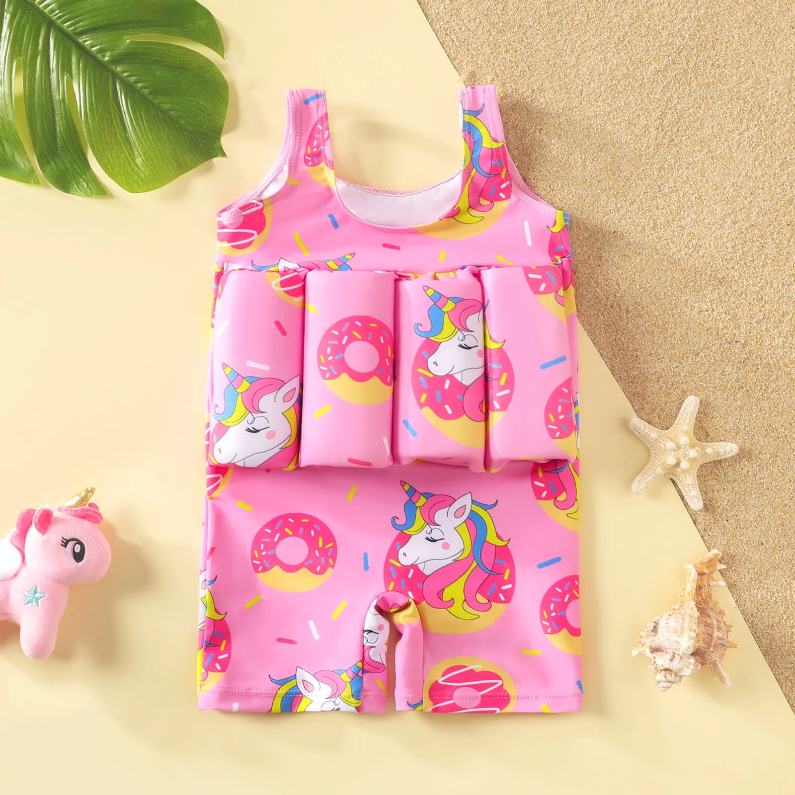 Baby Girl Unicorn and Donut Pattern Float One Piece Swimsuit Buoyancy Swimwear