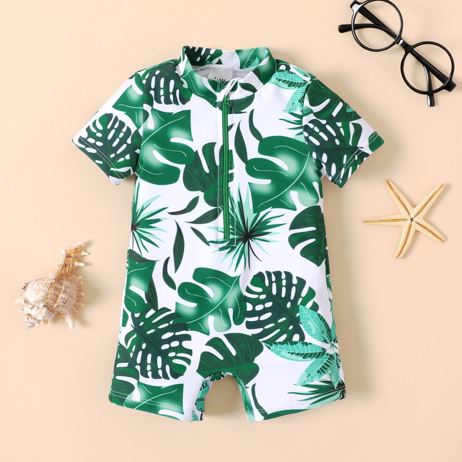 

Baby Boy Allover Plant Print Short-sleeve Zip Up One Piece Swimsuit