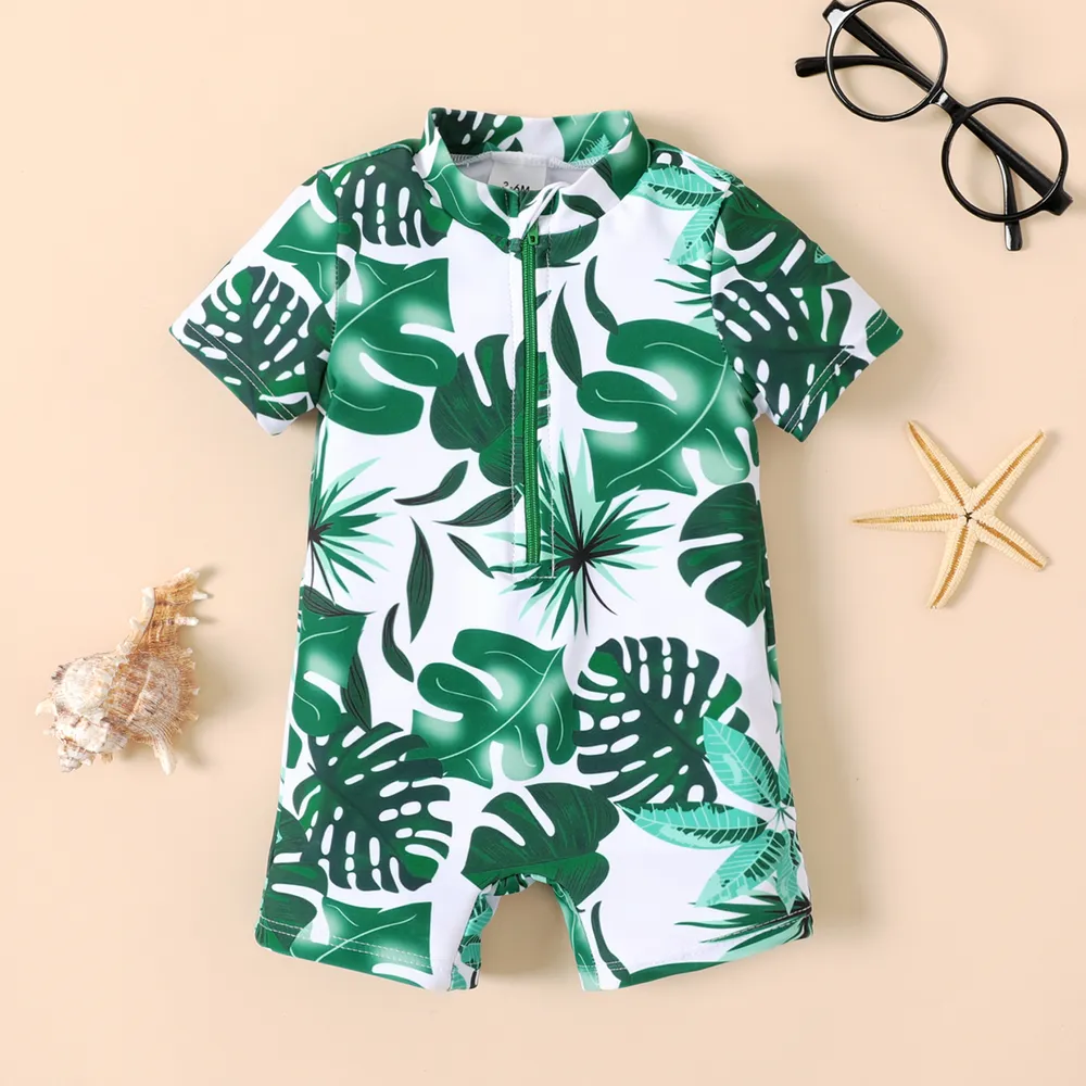 Baby Boy Allover Plant Print Short-sleeve Zip Up One Piece Swimsuit    big image 1