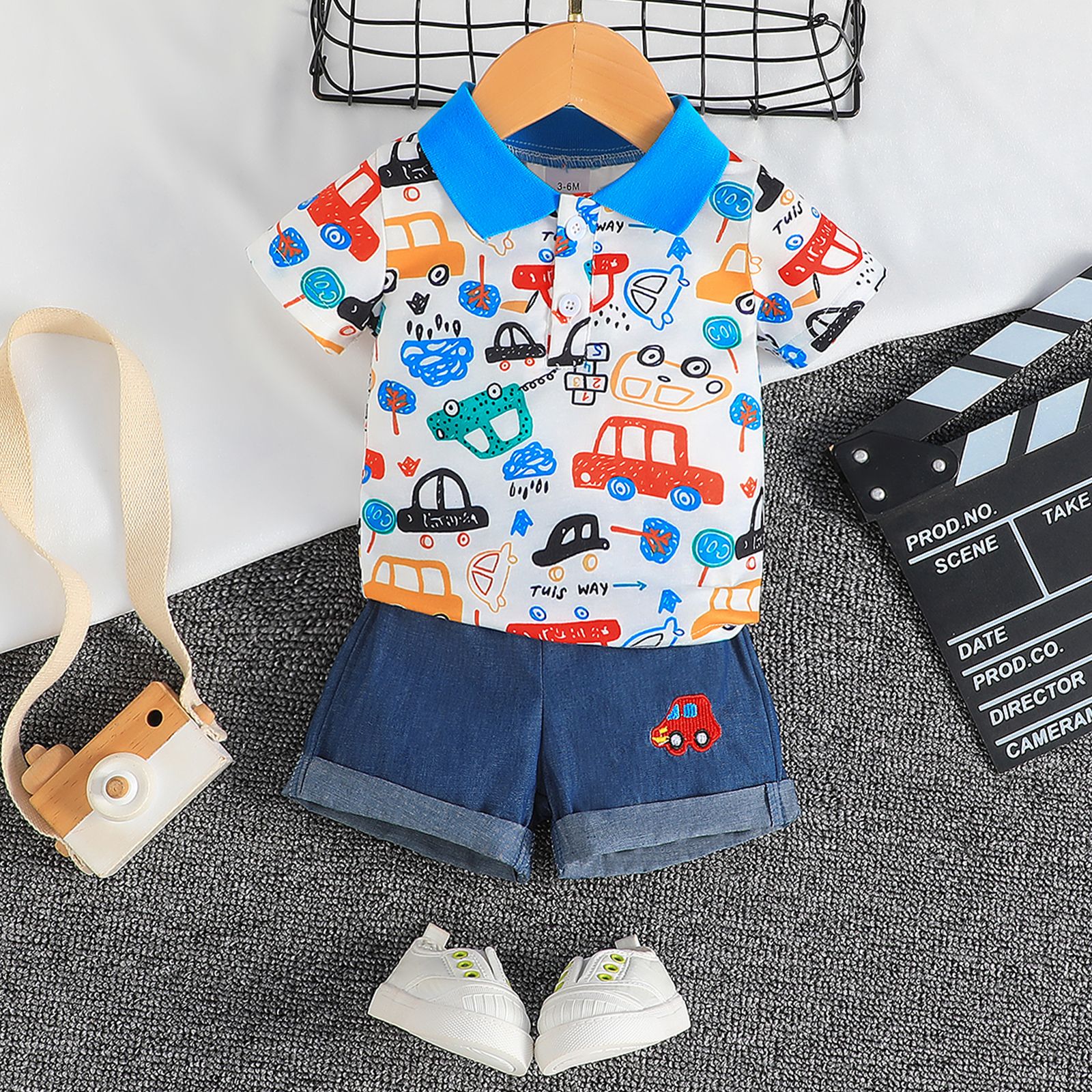 

2pcs Baby Boy Vehicle Car Print Polo Neck Shirt and 100% Cotton Shorts Set
