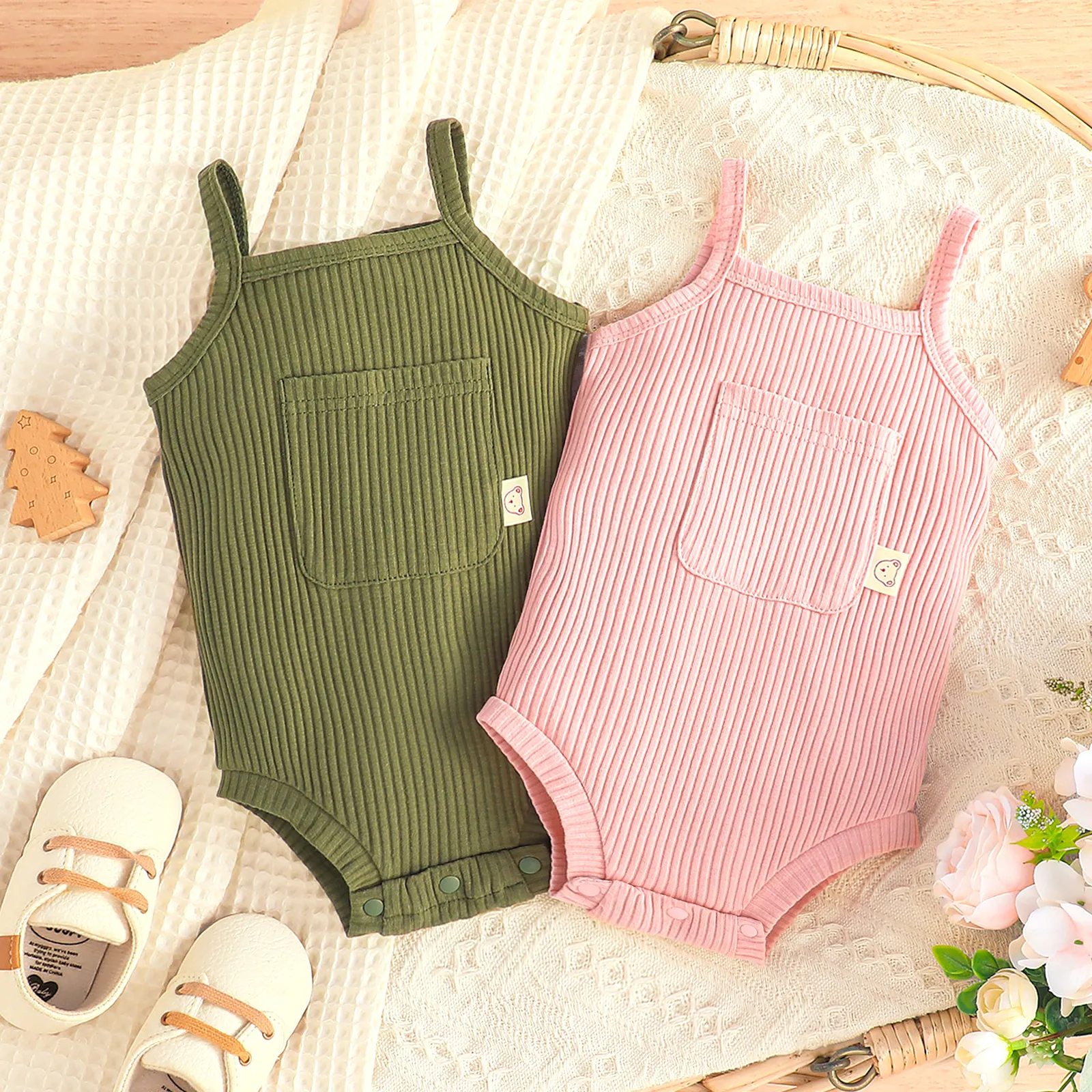 Baby Boy/Girl Pocket Ribbed Solid Slip Romper Army green image 2
