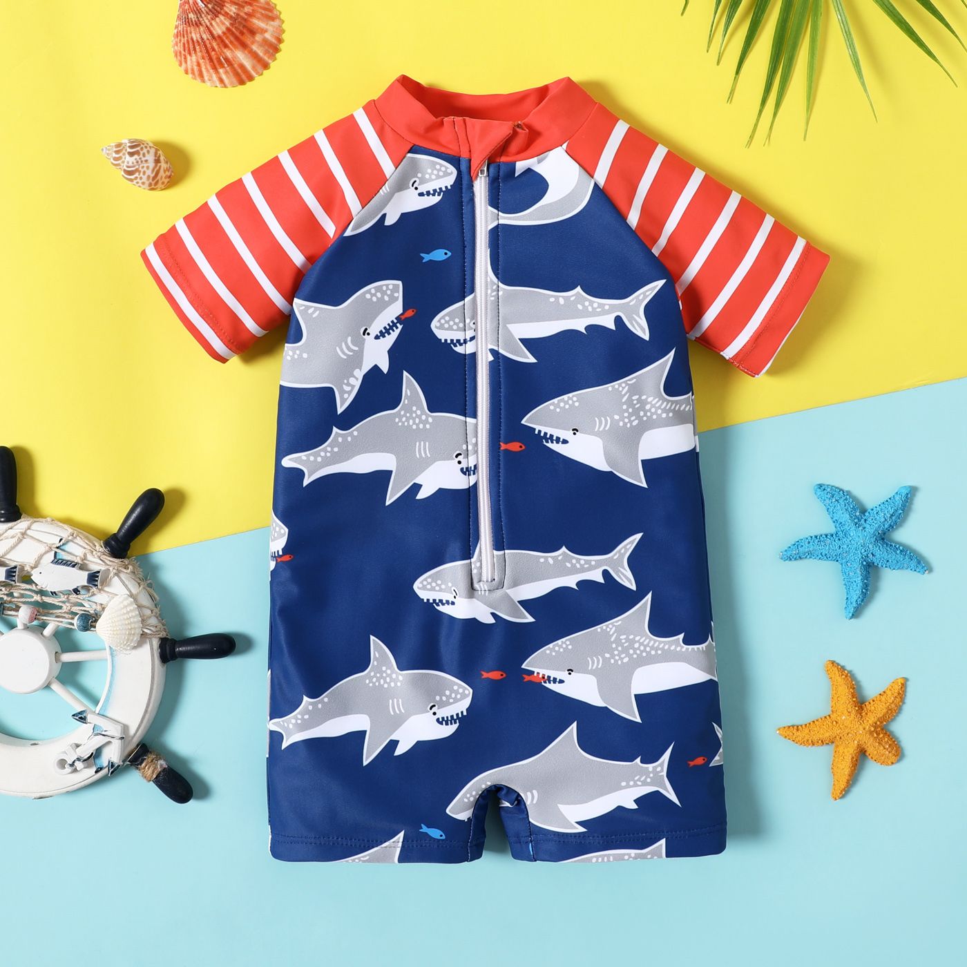 

Baby Girl Shark Print Striped Short-sleeve One Piece Swimsuit