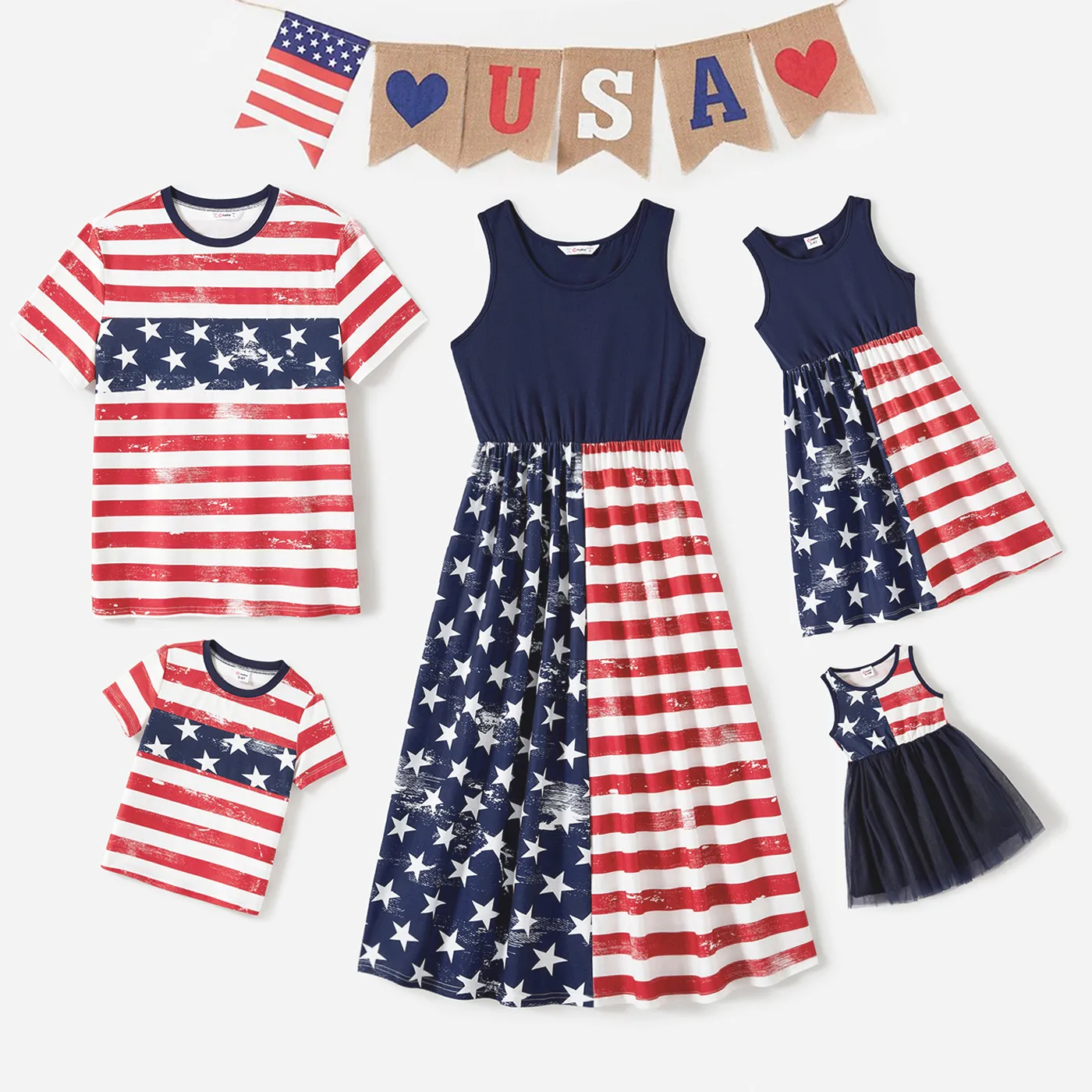 Independence Day Family Matching Star & Striped Print Spliced Tank Dresses and Short-sleeve T-shirts Sets  image 2