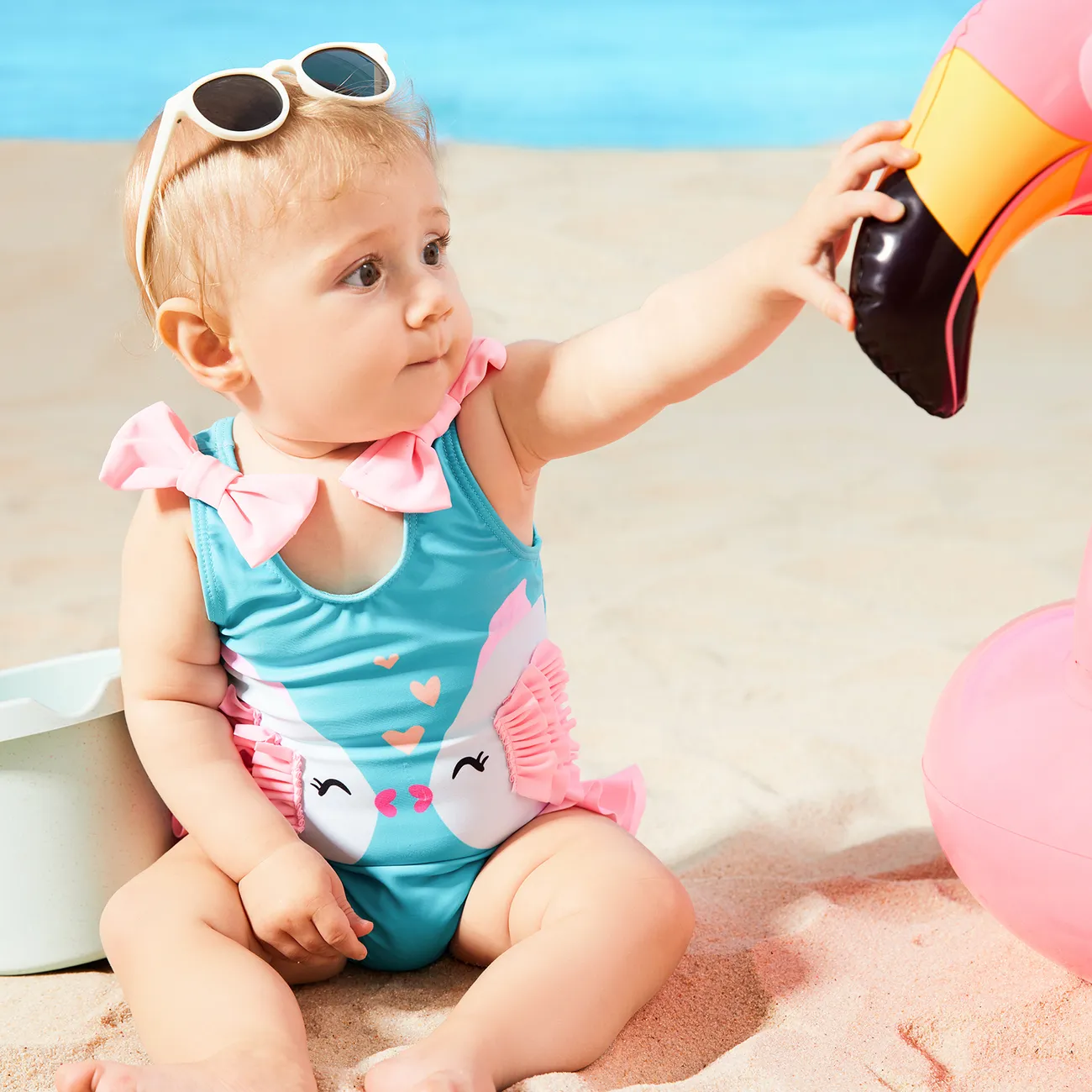 Baby Mädchen Stoffnähte Meerestiere Süß Ärmellos Badeanzüge Mehrfarbig big image 1