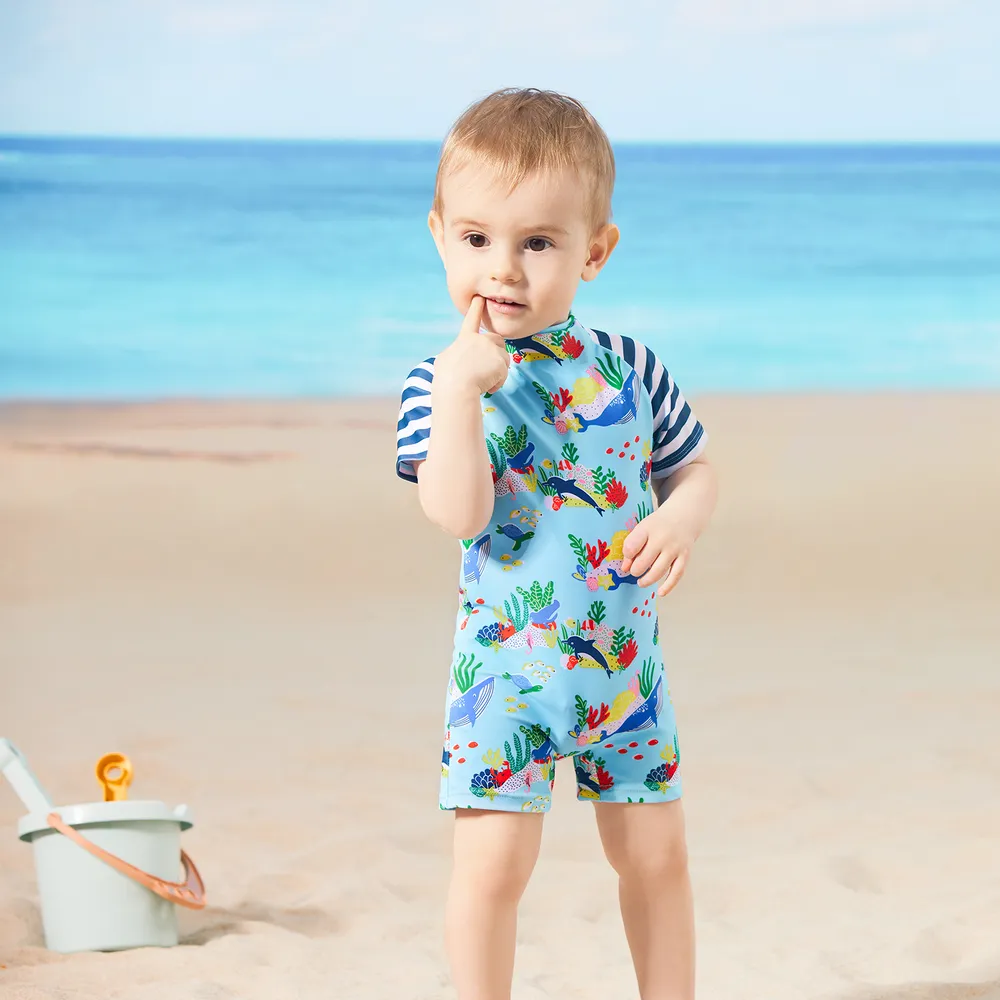 Baby Boy Allover Ocean Animal Print Striped Raglan-sleeve One-piece Swimsuit big image 6
