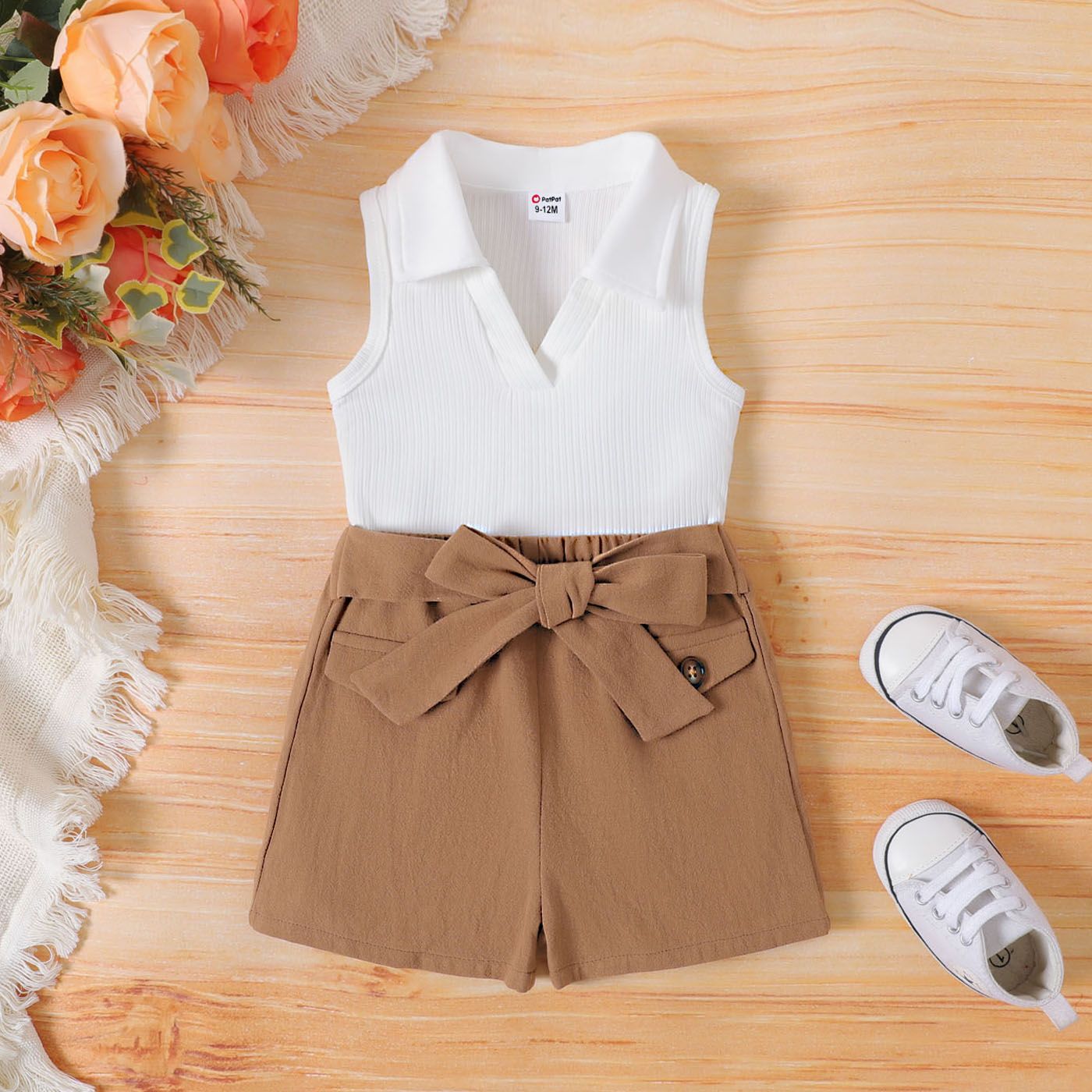 2pcs Baby Girl 100% Cotton Belted Shorts And Lapel Neck Rib-knit Tank Top