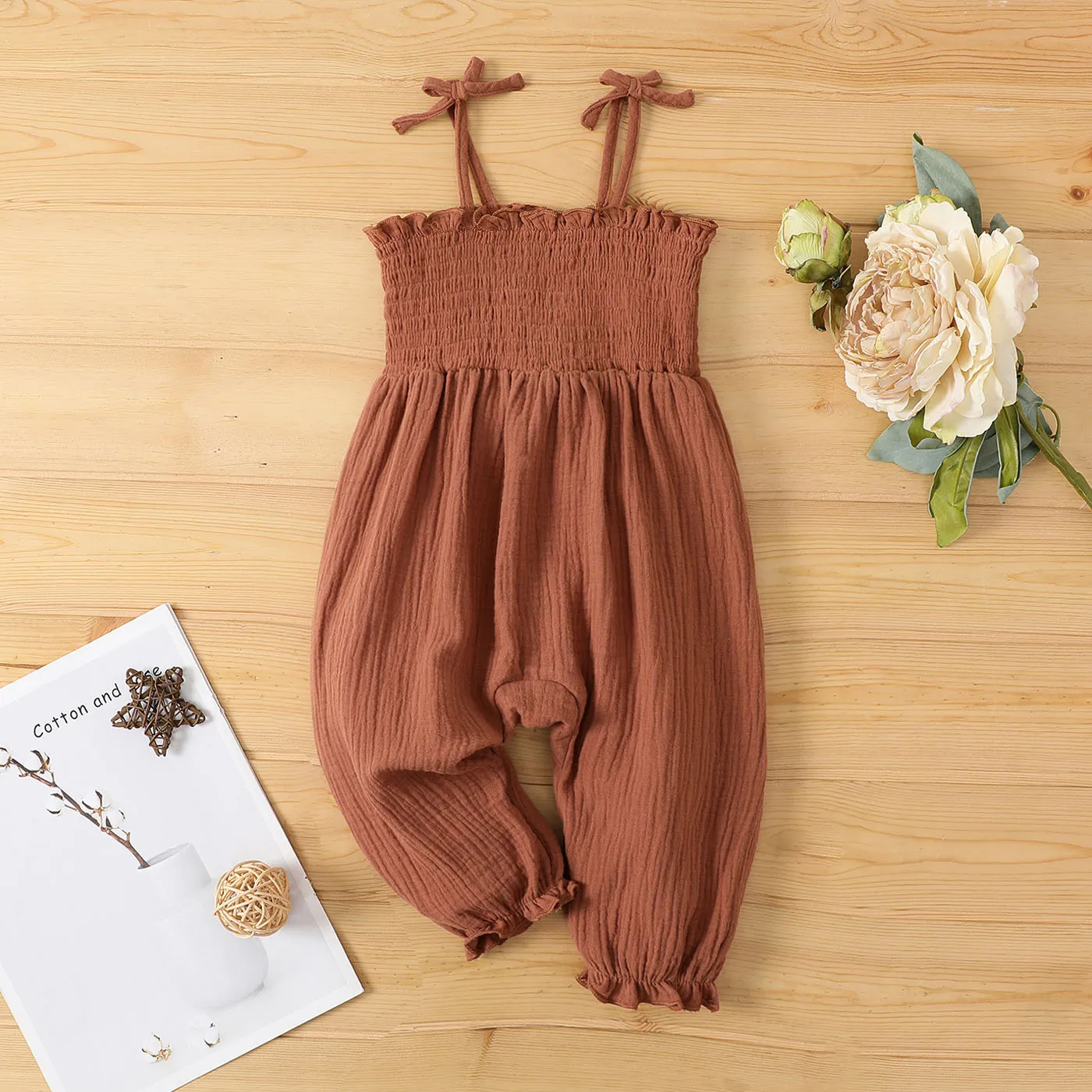 Baby Girl 100% Cotton Solid Smocked Bow Slip Jumpsuit  big image 1