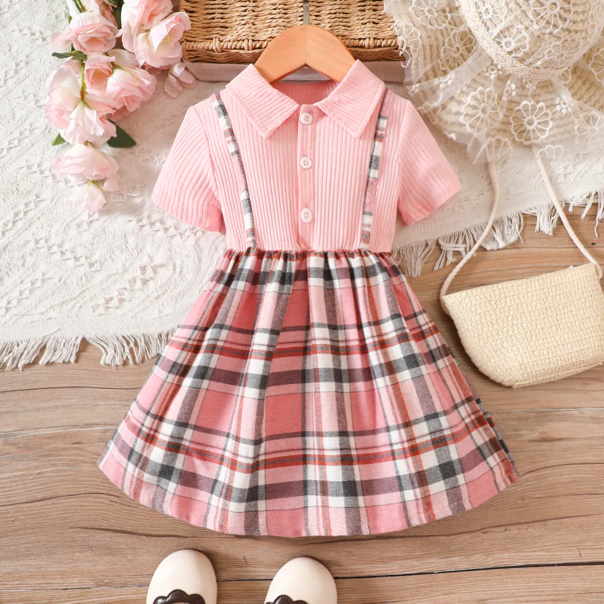 Toddler Girl Plaid Panel Short-sleeve Rib-knit 2 In 1 Dress  big image 1