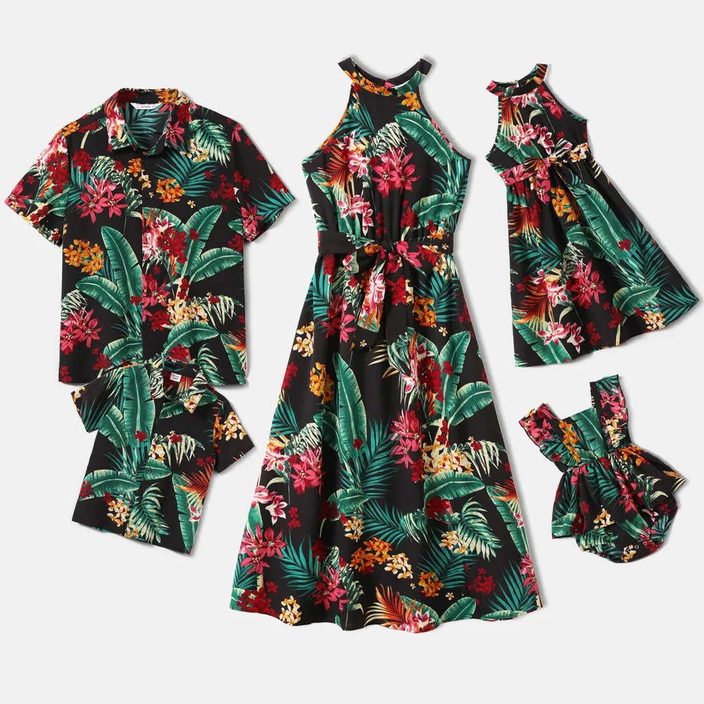 Family Matching Allover Plant Floral Print Halterneck Dresses and Short-sleeve Shirts Sets big image 2