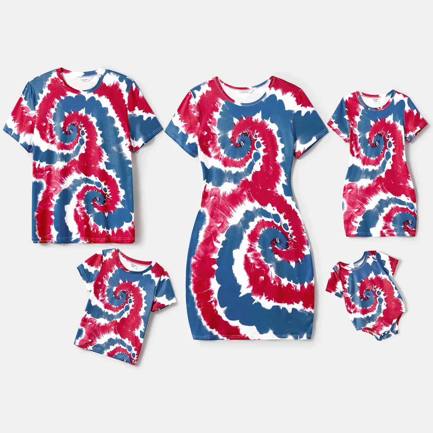 Independence Day Family Matching Tie Dye Short-sleeve Tunic Dresses and T-shirts Sets