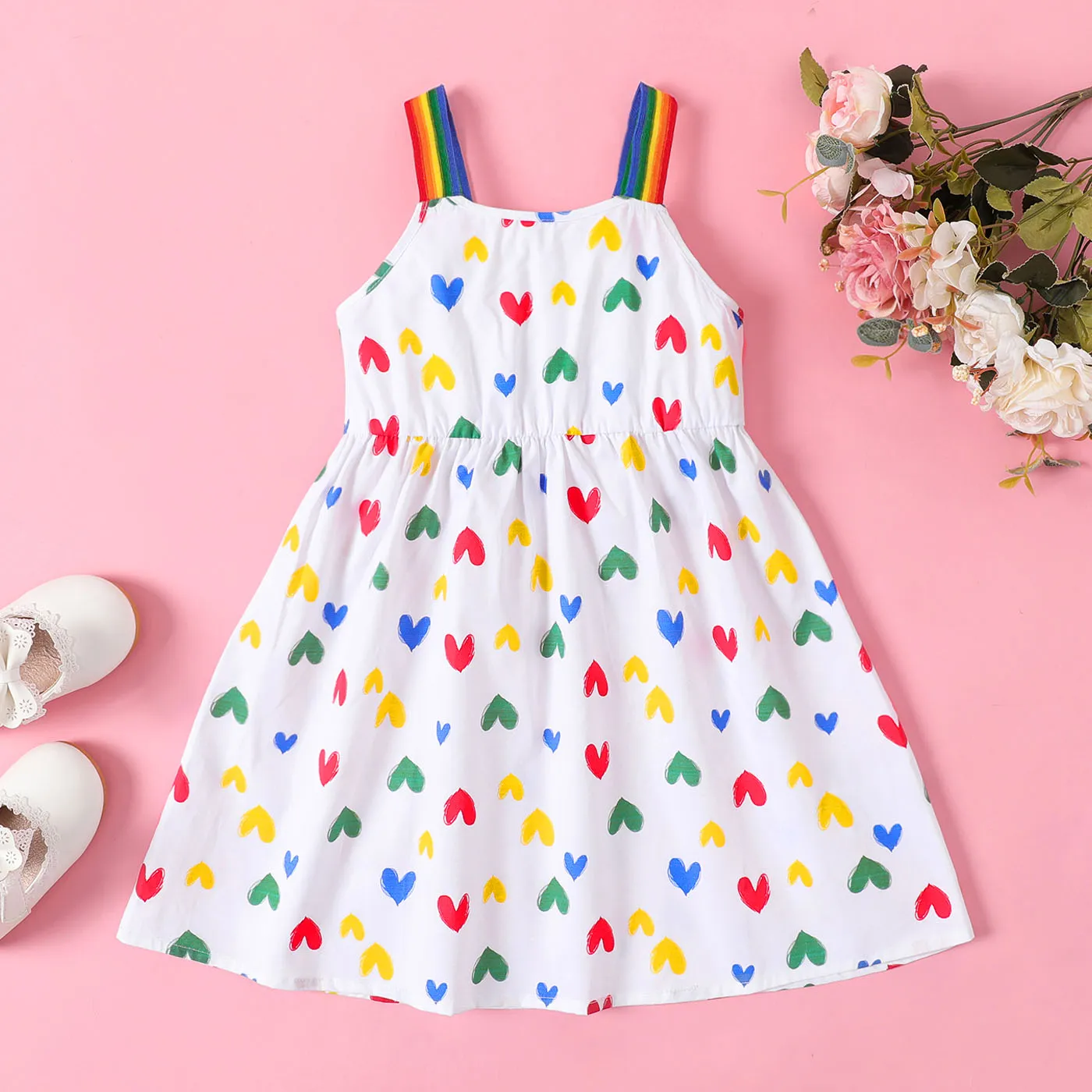 Toddler Girl 100% Coton Allover Heart Print Rainbow Slip Dress