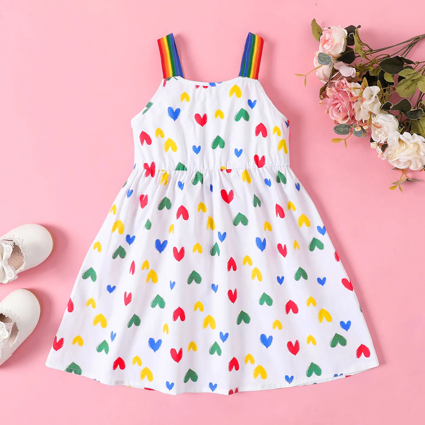 Toddler Girl 100% Cotton Allover Heart Print Rainbow Slip Dress White big image 1