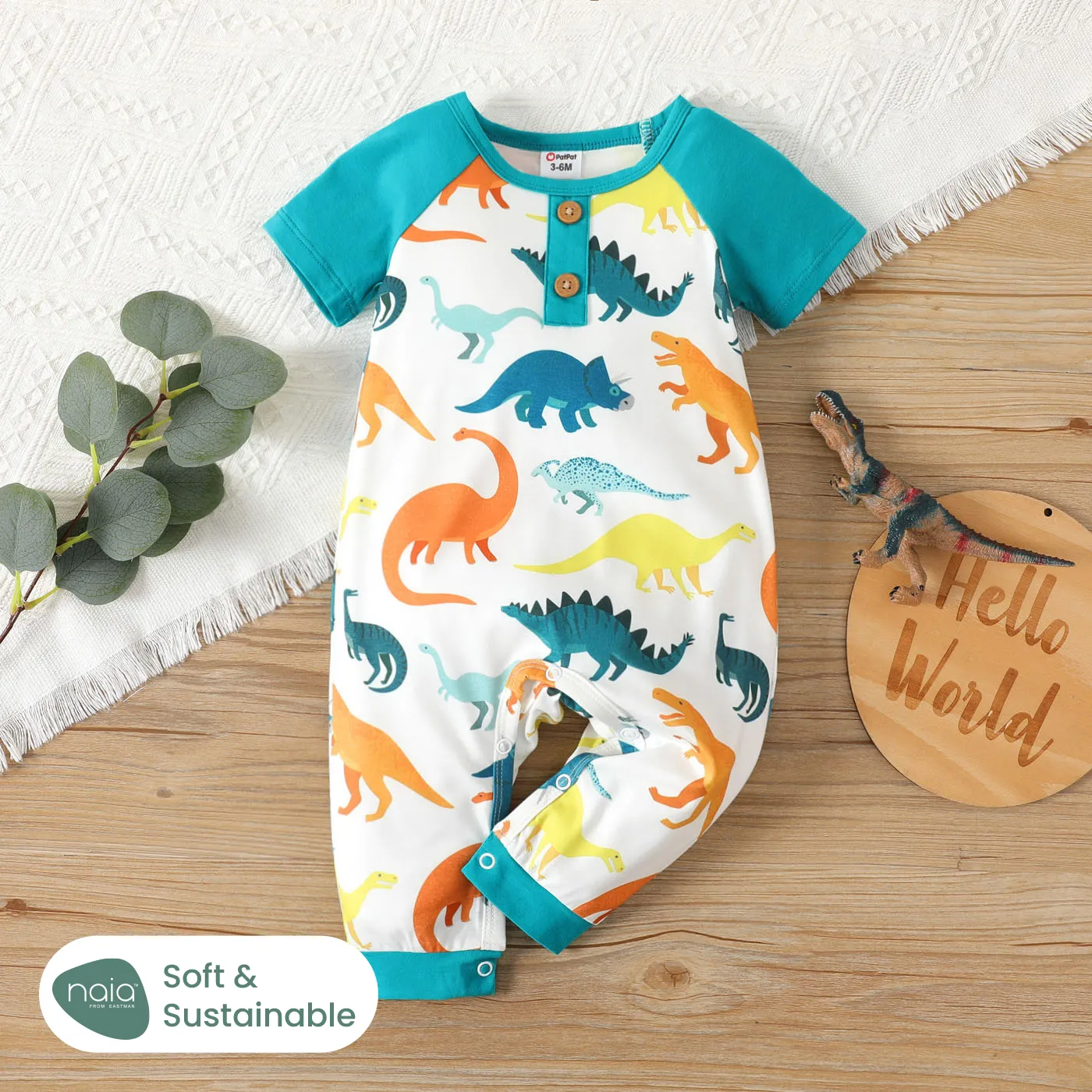 Baby Boy Naia™ Dinosaur Print Short-sleeve Henley Jumpsuit Turquoise big image 1