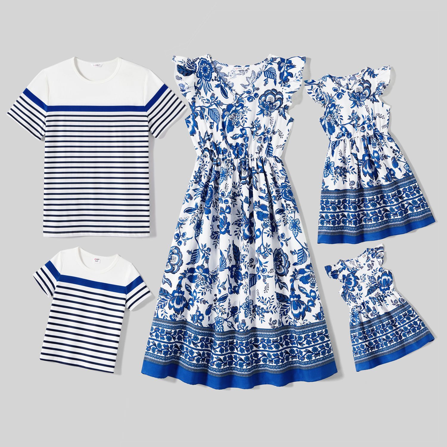 Family Matching Allover Floral Print V Neck Flutter-sleeve Dresses And Short-sleeve Striped T-shirts Sets