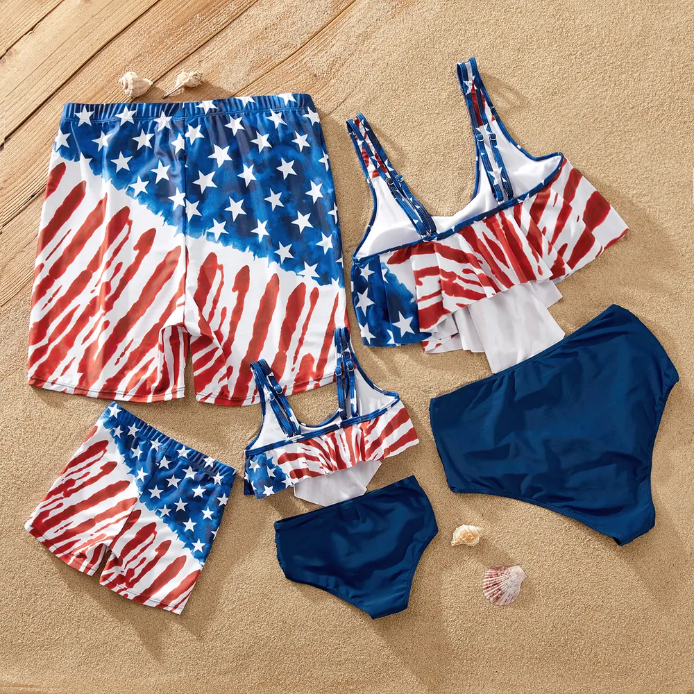 Independence Day Family Matching Star & Striped Print Spliced Two-piece Swimsuit or Swim Trunks Shorts big image 3